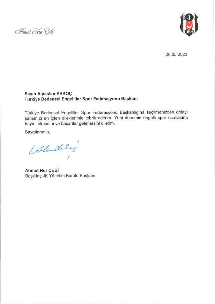 Beşiktaş Jimnastik Kulübü’nden Erkoç’a Tebrik