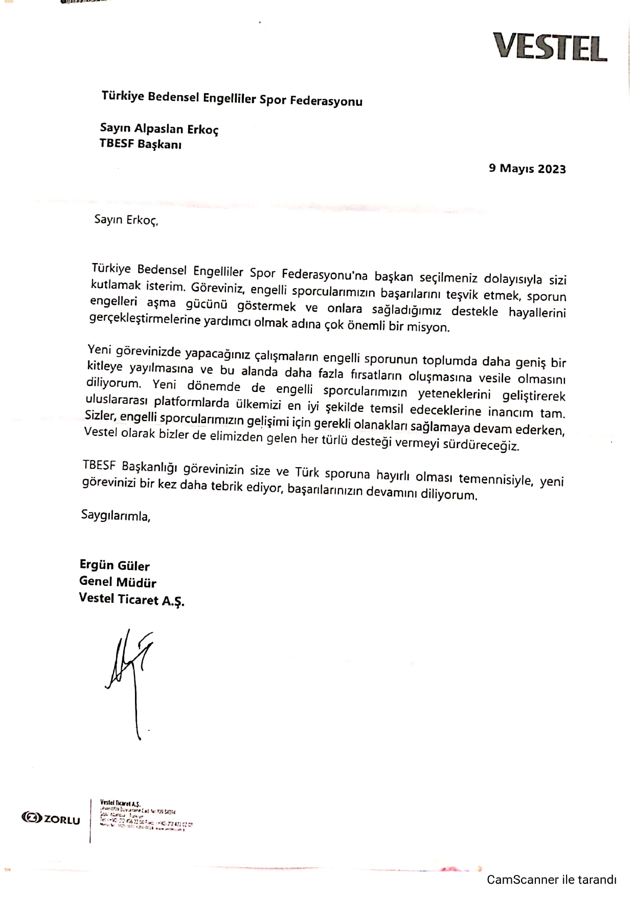 Vestel’den Erkoç’a Tebrik