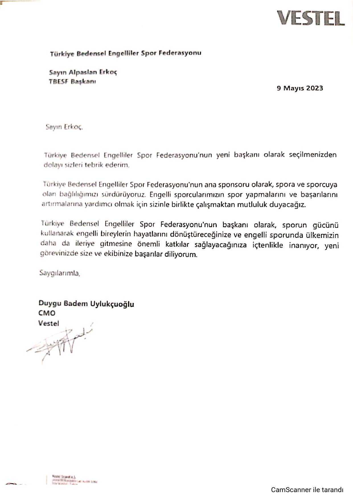 Vestel’den Erkoç’a Tebrik