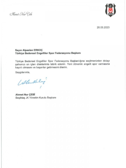 Beşiktaş Jimnastik Kulübü’nden Erkoç’a Tebrik