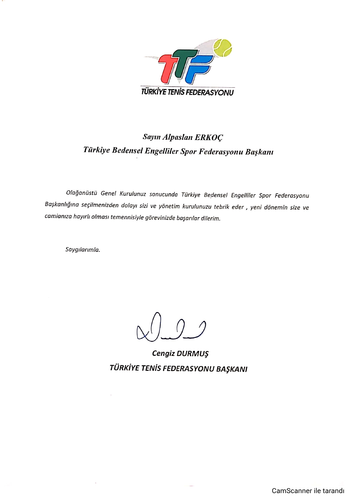 TTF Başkanı Cengiz Durmuş’tan Erkoç’a Tebrik